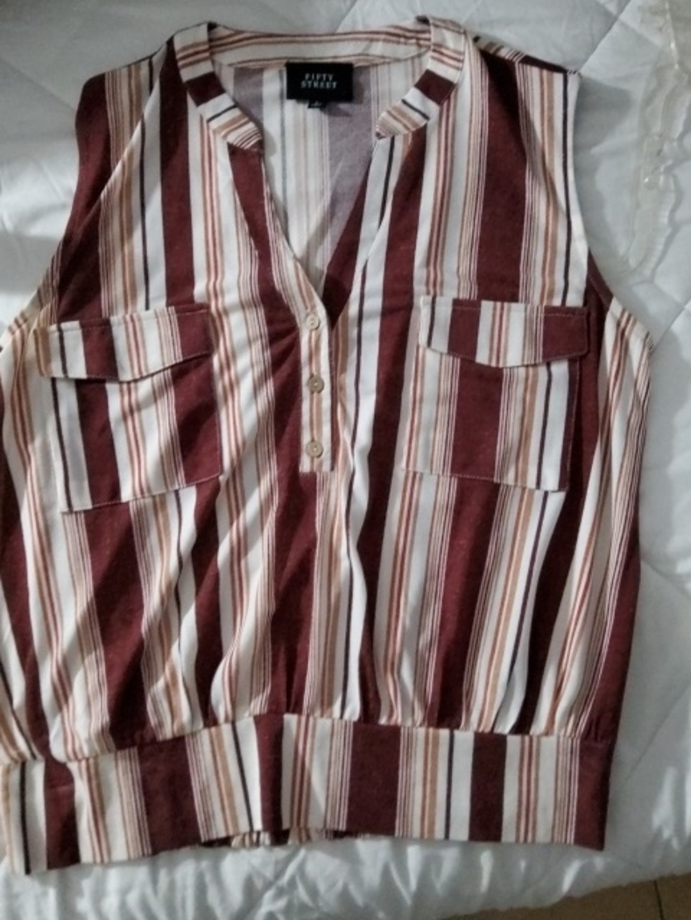 Fifty Street Women's Sleeveless Button-Front Stripe Blouse in Burgundy and Cream
